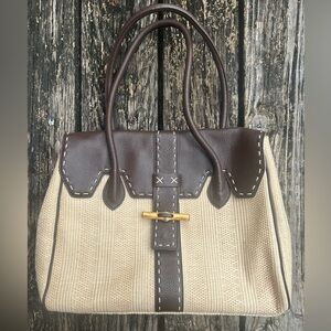 NWT Kate Landry Textured Straw & Leather Elegant Brown and Tan Women's Handbag